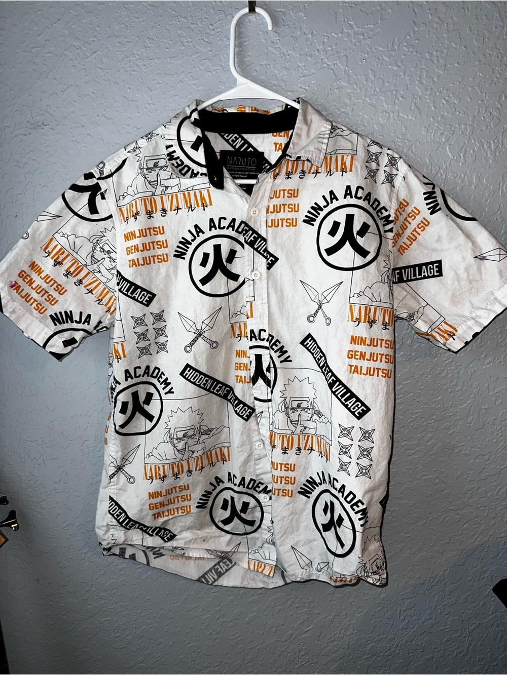 Ninja Academy Graphic Short-Sleeve Button-Down Shirt - White & Orange